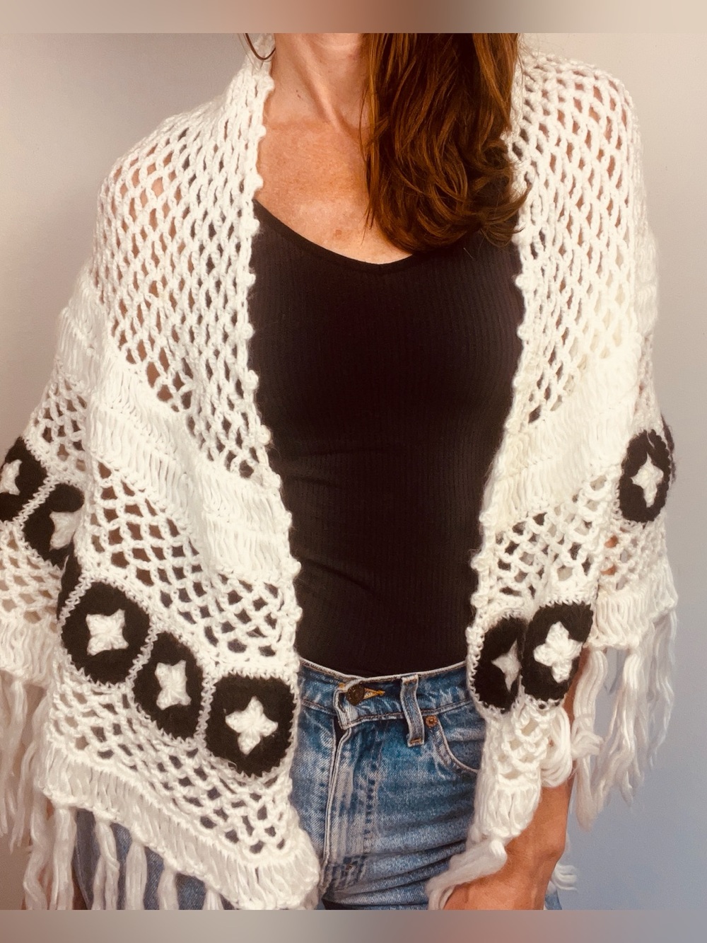 Vintage 70s Handmade Bohemian Crochet Shawl – Cream & Black Geometric Floral